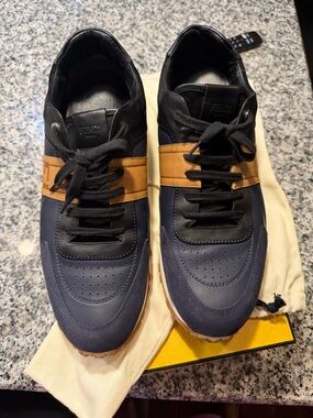 Fendi Men’s Navy & Tan Leather and Suede Sneakers